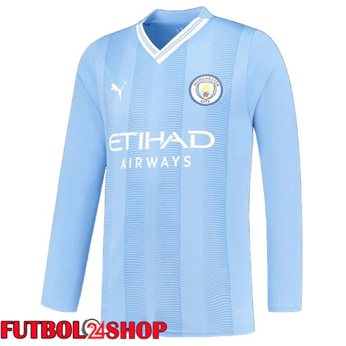 Camisetas De Futbol Manchester City Primera Manga Larga Azul 2023/2024