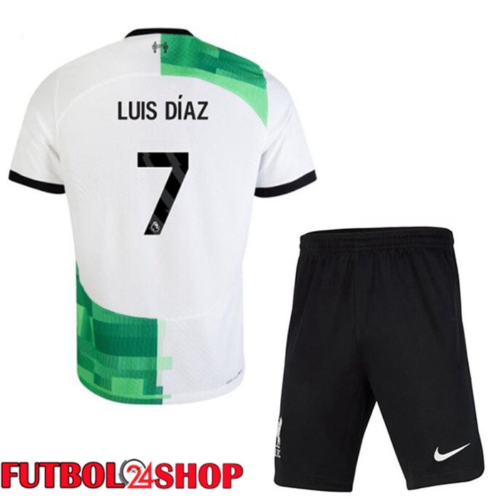 Camiseta FC Liverpool (LUIS DÍAZ 7) Ninos Segunda Blanco Verde 2023/2024