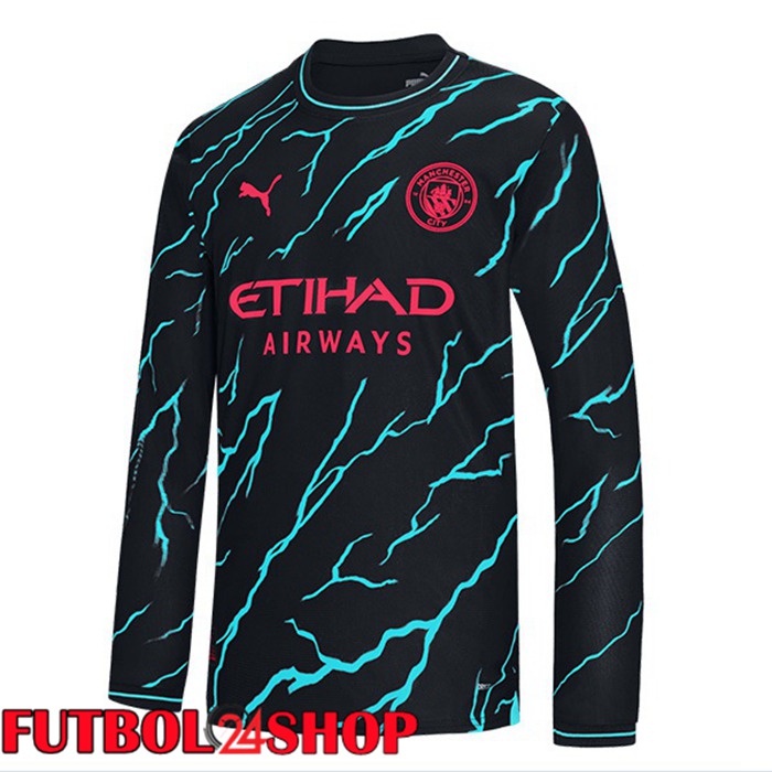 Camiseta Manchester City Tercera Manga Larga Azul Negro 2023/2024