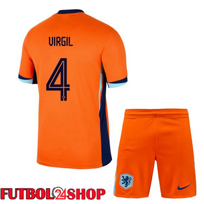 Camiseta Nacional Países Bajos (VIRGIL 4) Ninos Primera Naranja UEFA Euro 2024