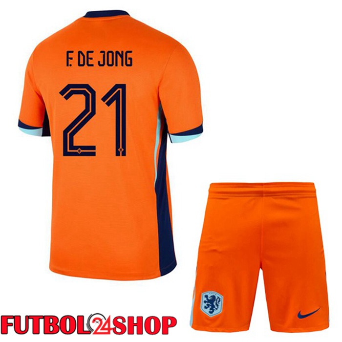Camiseta Nacional Países Bajos (F. DE JONG 21) Ninos Primera Naranja UEFA Euro 2024