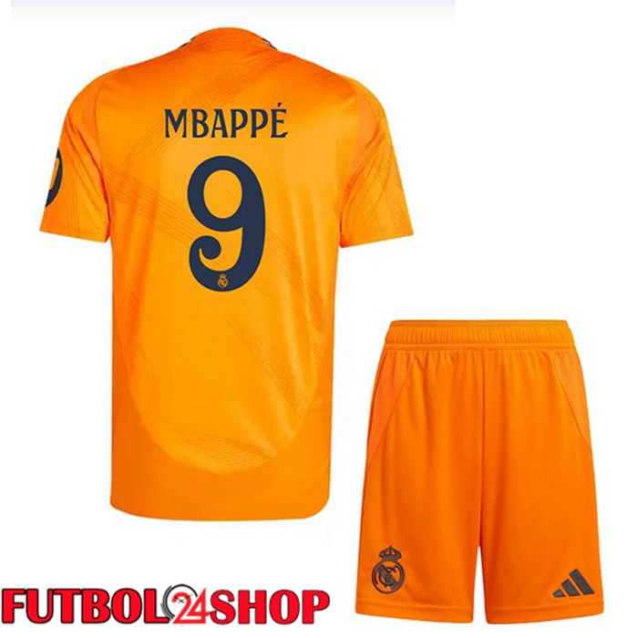 Camisetas Futbol Real Madrid (Mbappé 9) Ninos Segunda Naranja 2024/2025
