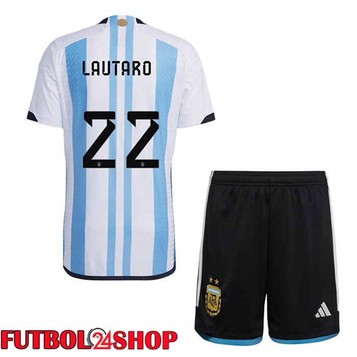 Primera Camiseta Argentina (LAUTARO 22) Ninos Azul Bianco Copa Del Mundo 2022