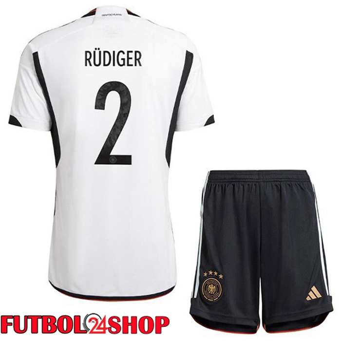 Primera Camiseta Alemania (RÜDIGER 2) Niño Negro Blanco Copa del mundo 2022