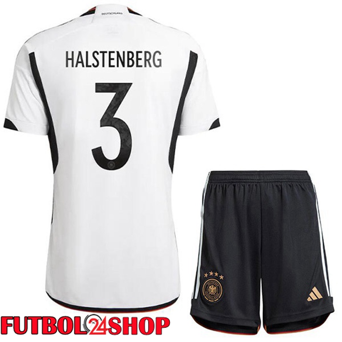 Primera Camiseta Alemania (HALSTENBERG 3) Niño Negro Blanco Copa del mundo 2022