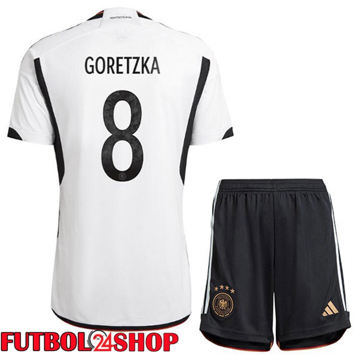 Primera Camiseta Alemania (GORETZKA 8) Niño Negro Blanco Copa del mundo 2022