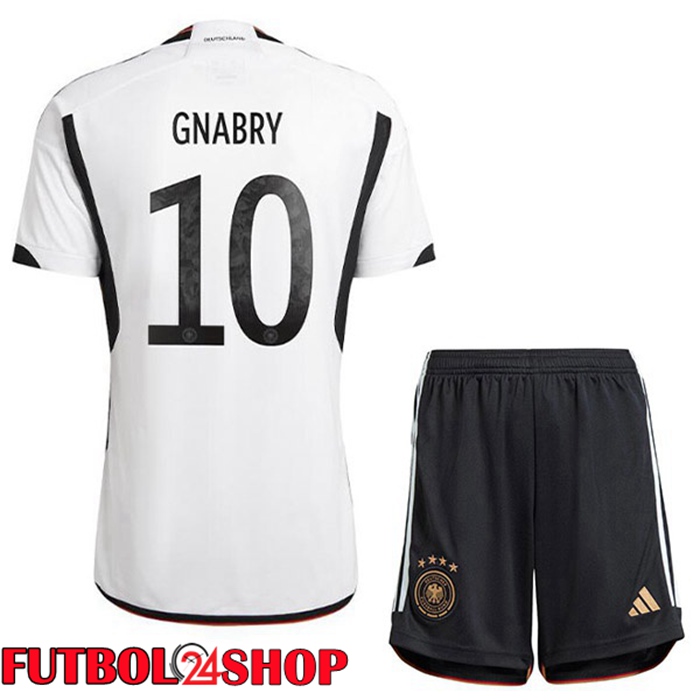 Primera Camiseta Alemania (GNABRY 10) Niño Negro Blanco Copa del mundo 2022