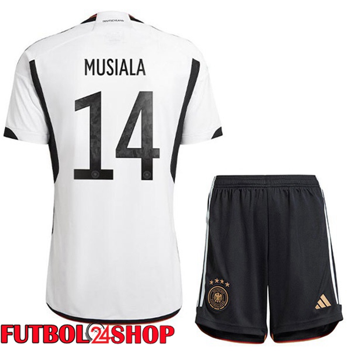 Primera Camiseta Alemania (MUSIALA 14) Niño Negro Blanco Copa del mundo 2022