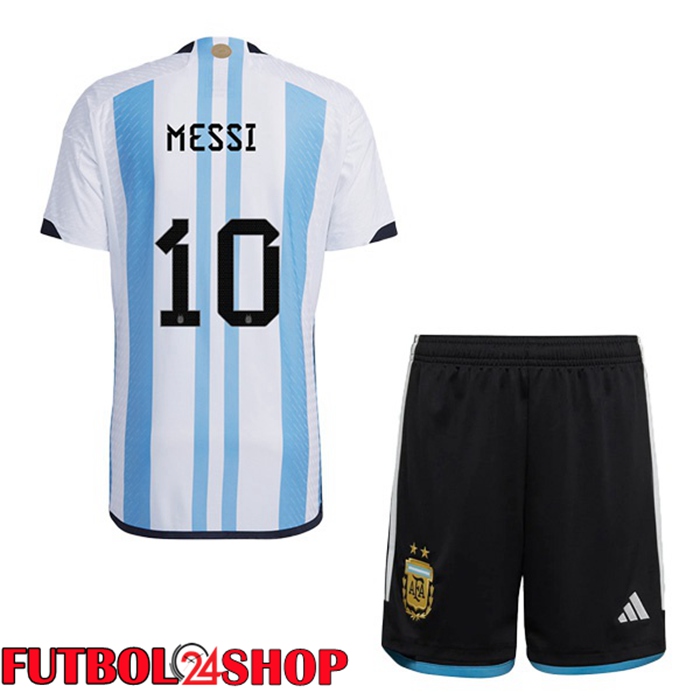 Primera Camiseta Argentina (MESSI 10) Ninos Azul Bianco Copa Del Mundo 2022