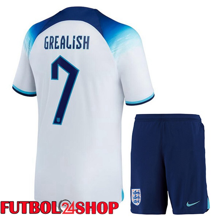 Primera Camiseta Inglaterra (GREALISH 7) Ninos Blanco Copa del mundo 2022